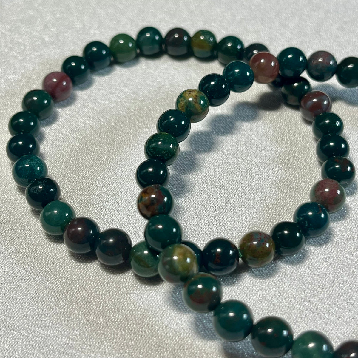 Bloodstone (Heliotrope) smooth round 6mm and 8mm bead stretch bracelet; alternative March birthstone