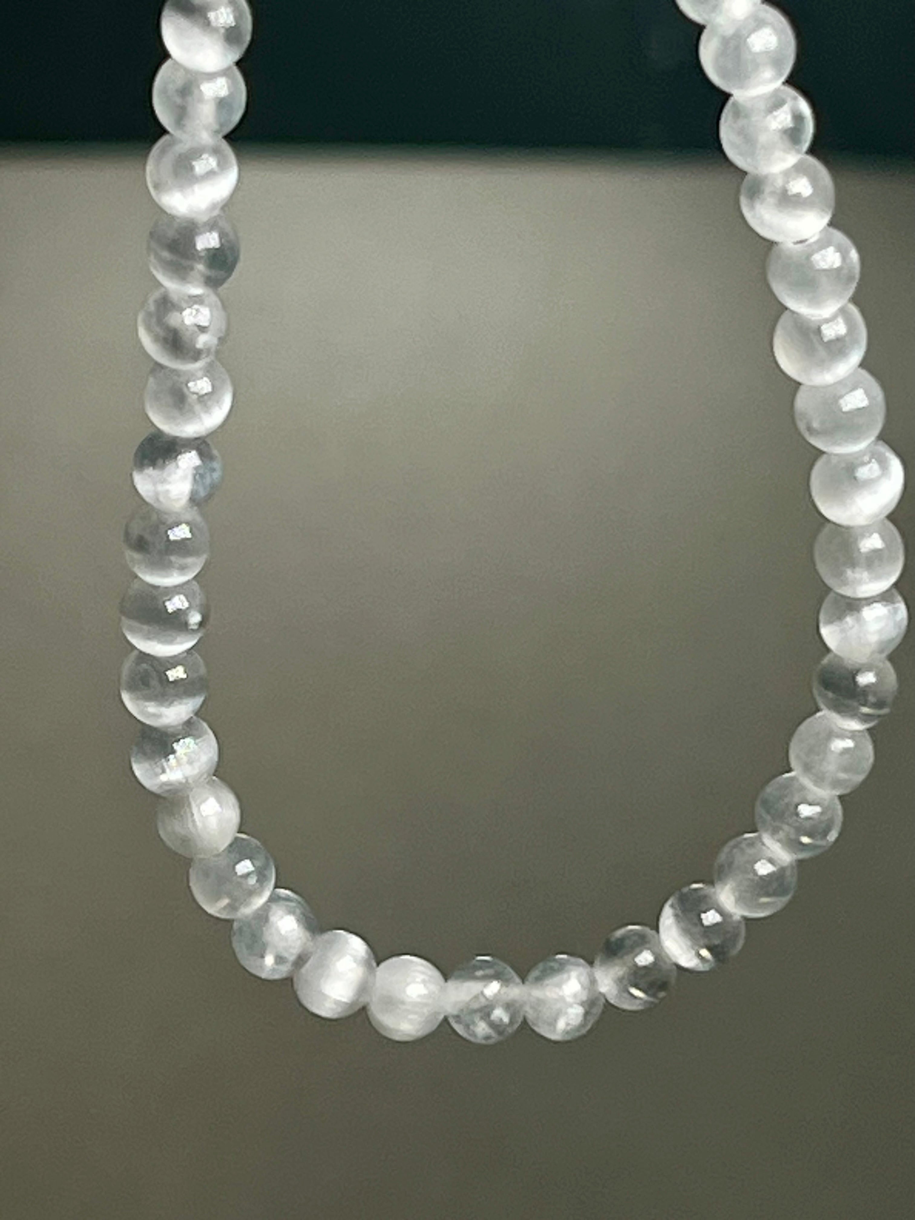 Selenite smooth round 4mm bead silver clasp necklace (premium grade)