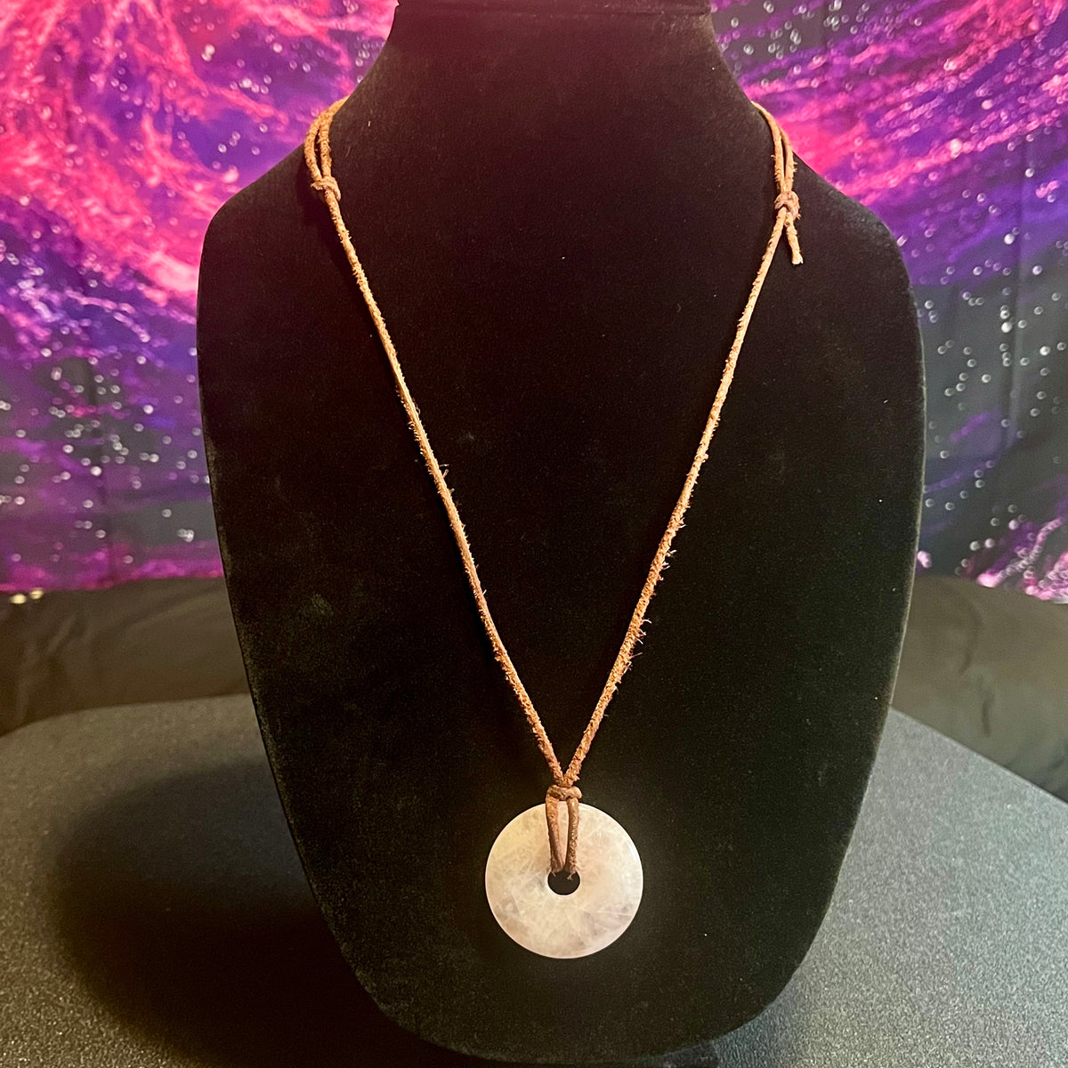 Rose Quartz 40mm donut pendant necklace w/ antique brown leather cord, sliding knots