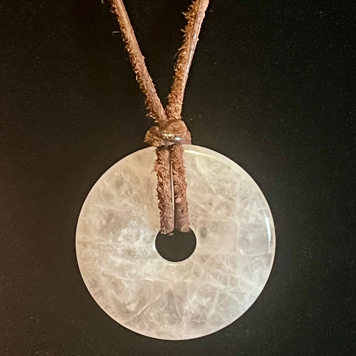 Rose Quartz 40mm donut pendant necklace w/ antique brown leather cord, sliding knots
