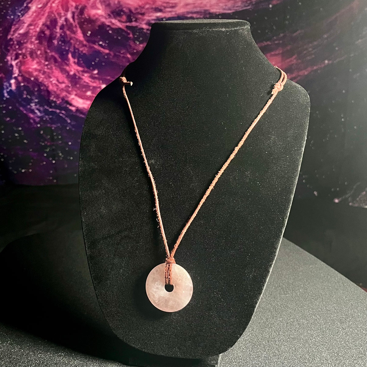 Rose Quartz 40mm donut pendant necklace w/ antique brown leather cord, sliding knots