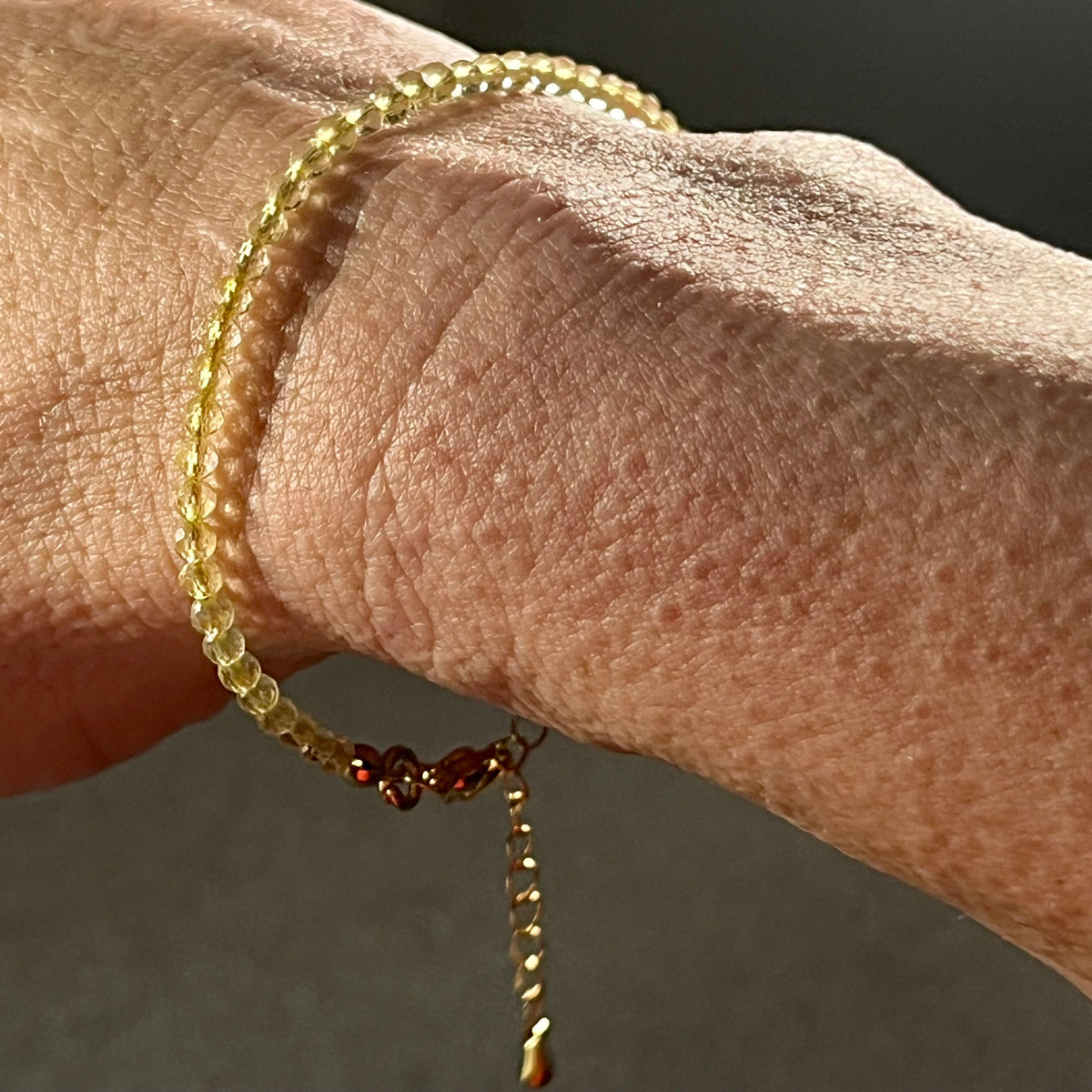 Citrine sparkling 3mm bead adjustable bracelet w/ 18k gold clasp & extension chain fits 6.5”-8.5” wrists; November birthstone