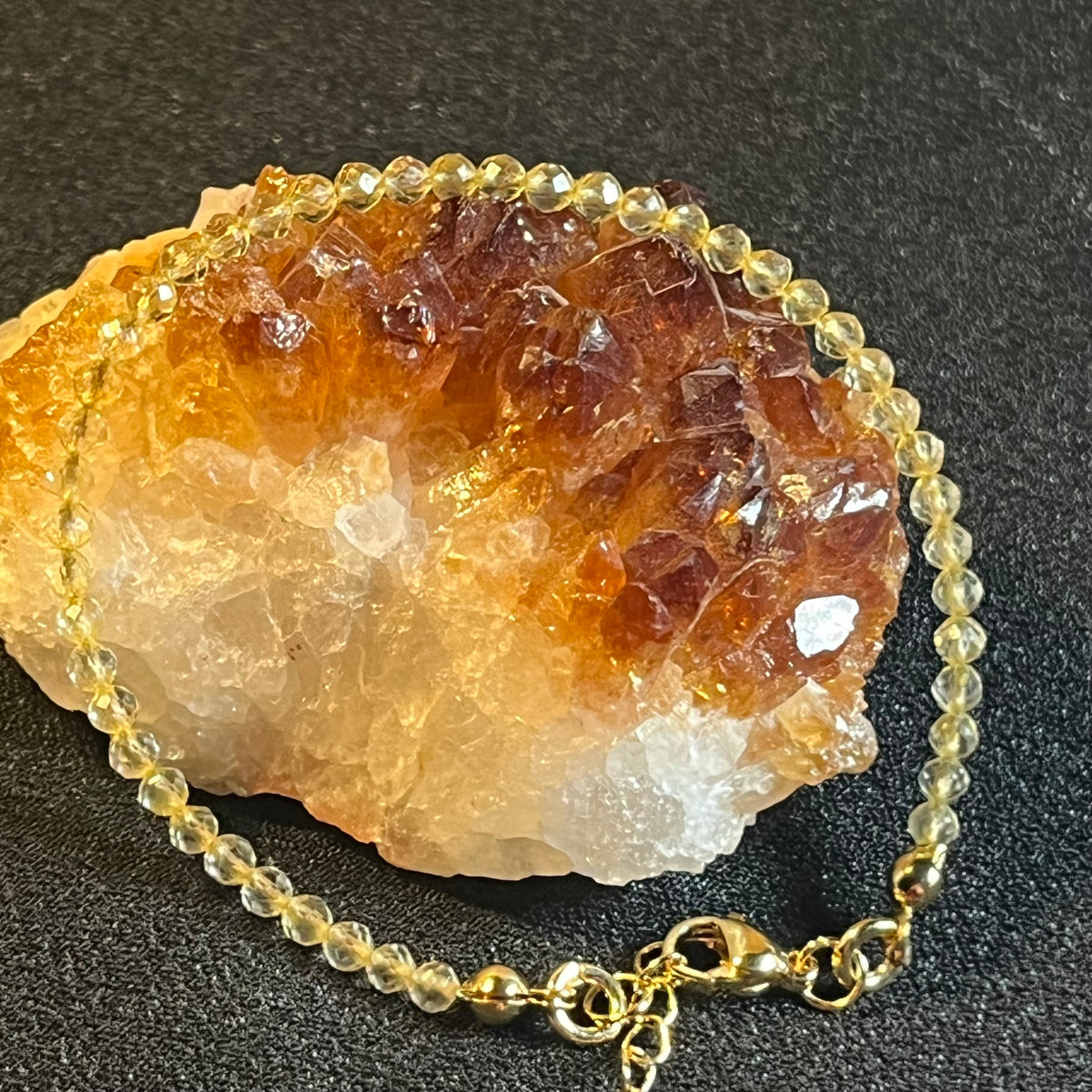 Citrine sparkling 3mm bead adjustable bracelet w/ 18k gold clasp & extension chain fits 6.5”-8.5” wrists; November birthstone