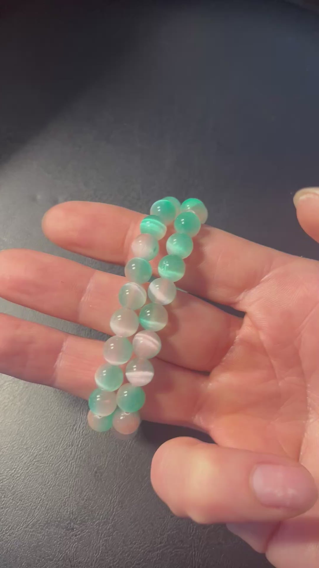 Sea Green & Light Pink Selenite smooth round 8mm bead stretch bracelet (dyed)