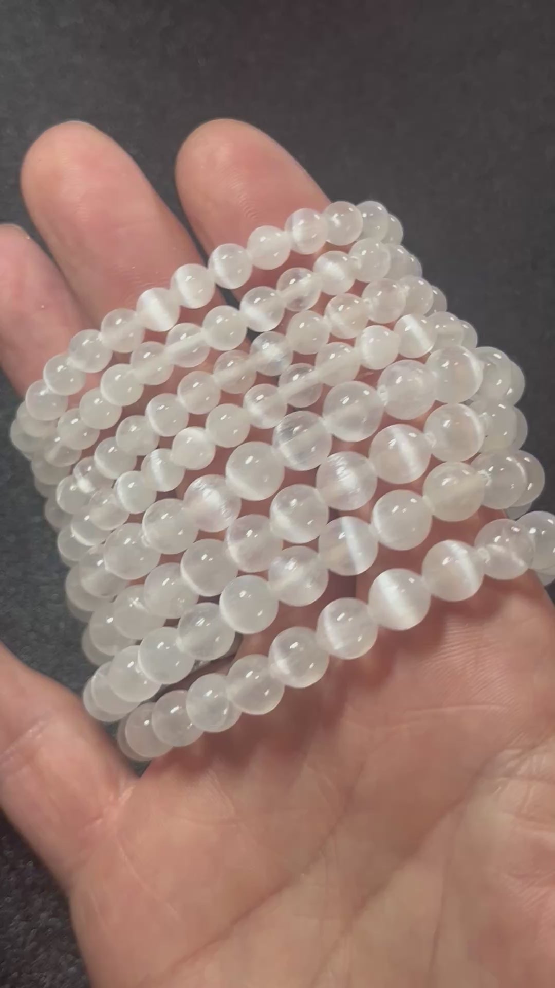 Satin Spar Selenite smooth round 6mm, 8mm bead stretch bracelet (premium grade)