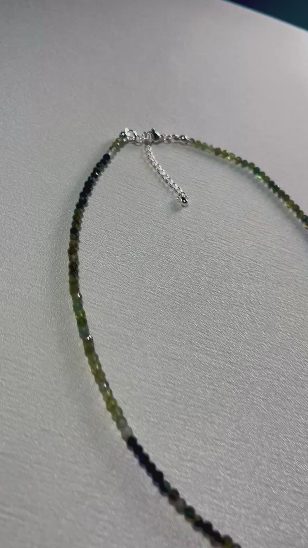 Green Tourmaline ombre-style microfaceted 3mm bead silver clasp adjustable necklace; October birthstone (Tourmaline)